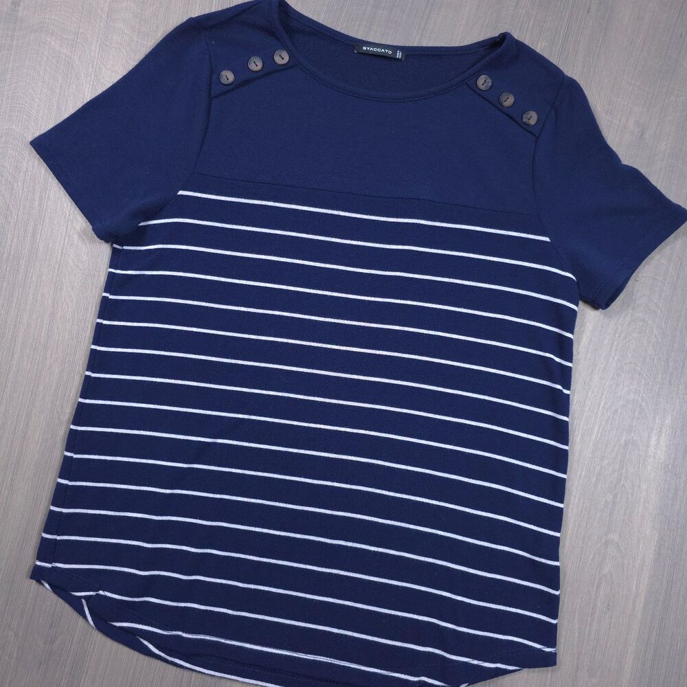 Staccato Women's Medium, Navy Blue & White Striped Short Sleeve Top